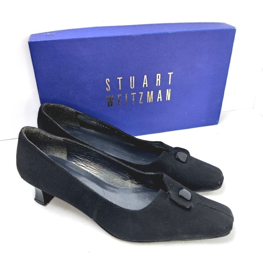 Stuart weitzman Pumps Sz 7 M Square Toe & Spool Heel Black Fabric & Leather